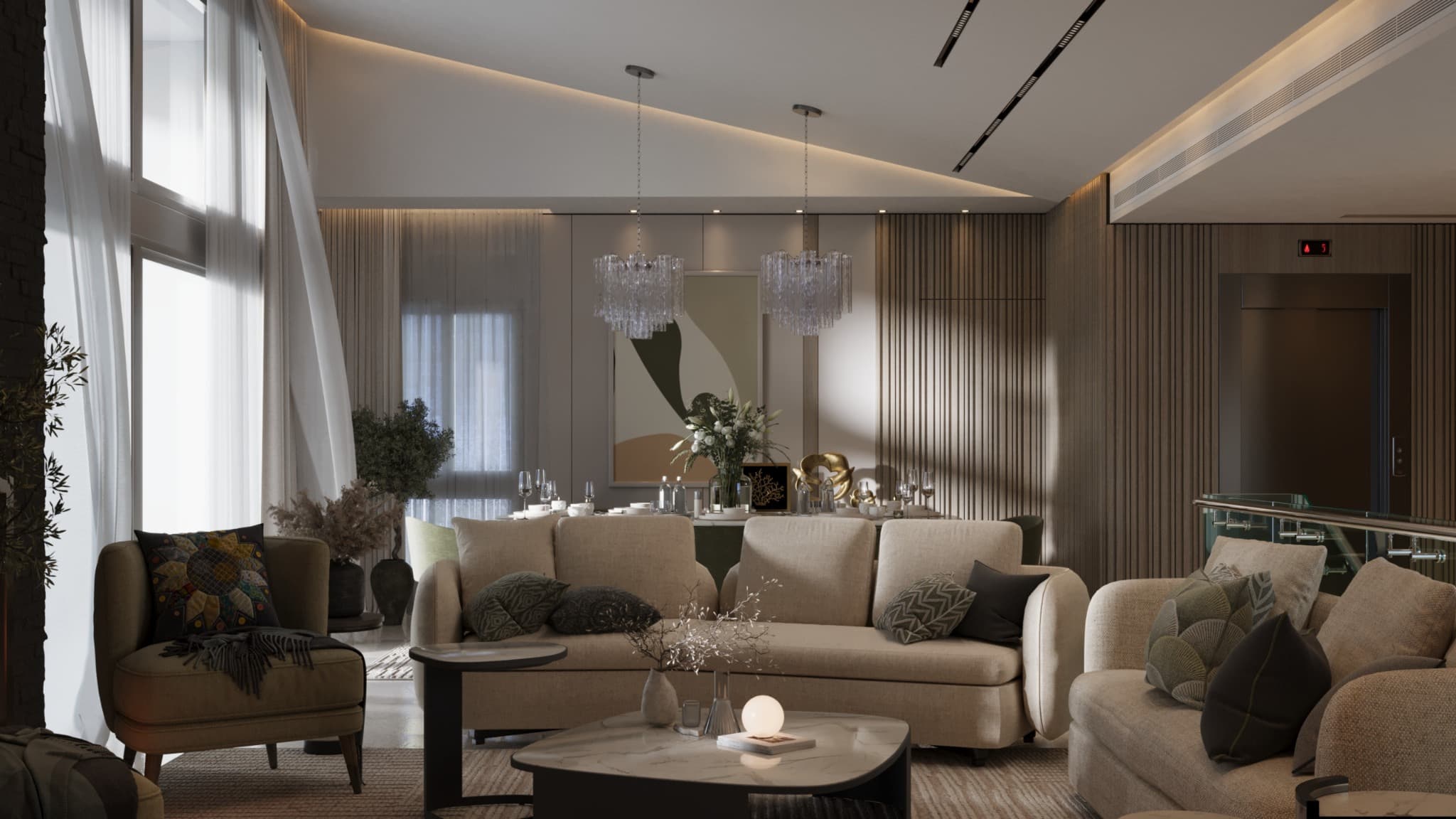 Rounded seating beneath a recessed ceiling border with artwork and timber slats behind
