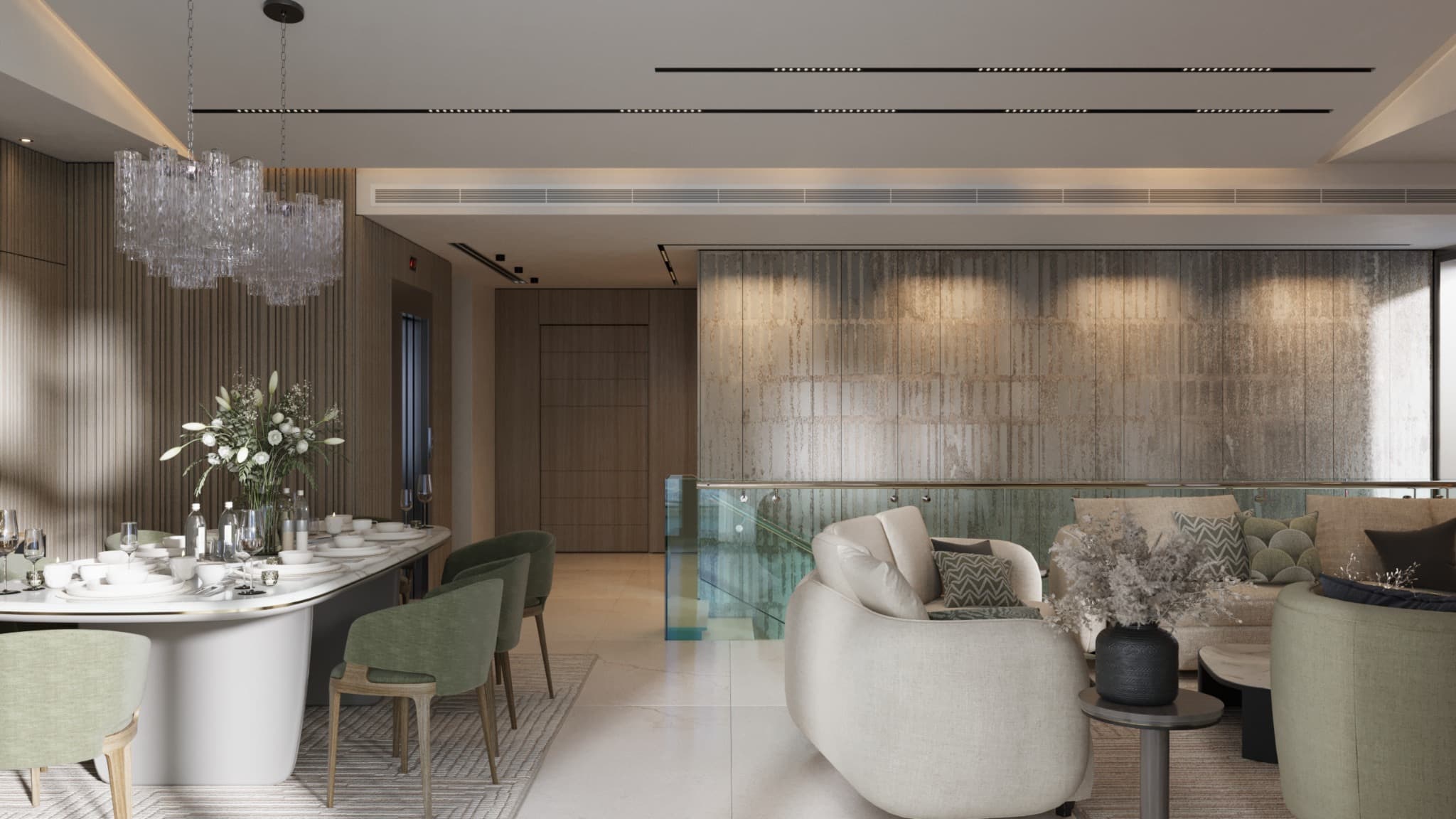Reverse perspective connecting the dining table and living group across a textured wall