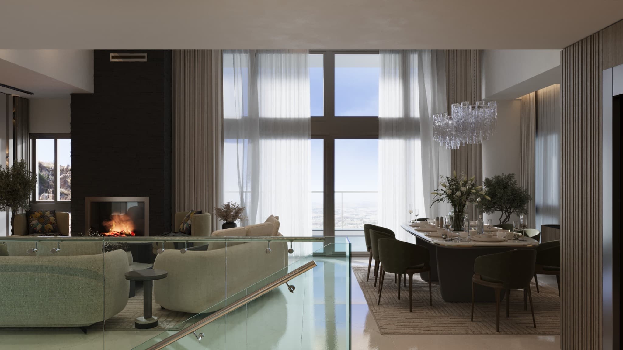 Tall glazing and a glass balustrade linking the lower seating area to the dining zone