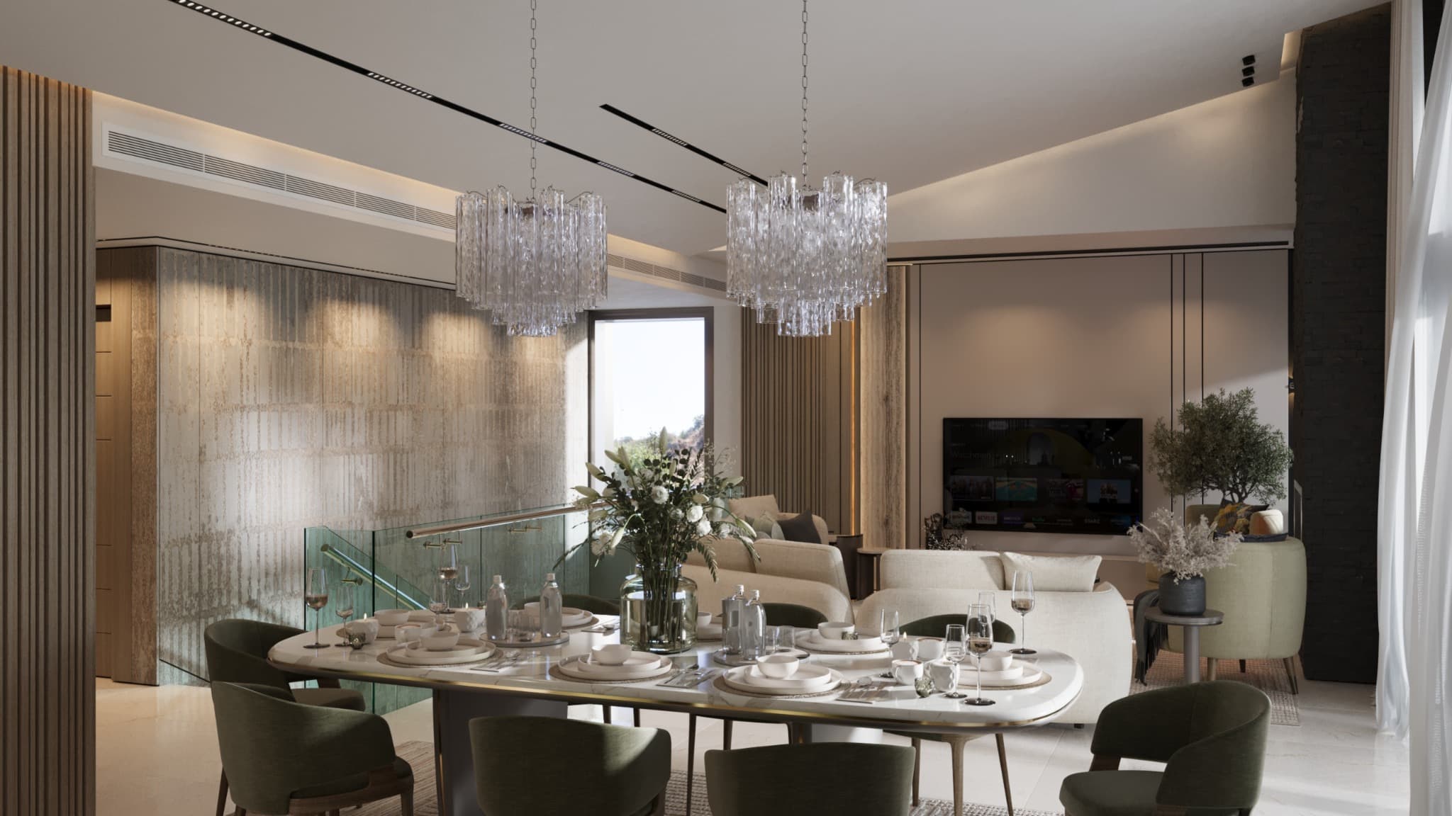 Alternative dining view across the table edge toward green chairs and a glazed balustrade