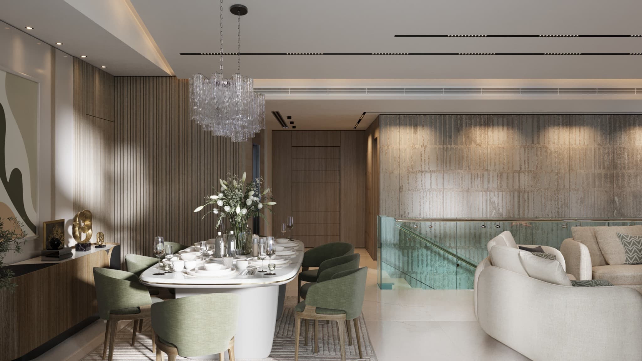 Wide view of circulation around the dining table beside slatted timber and a textured wall