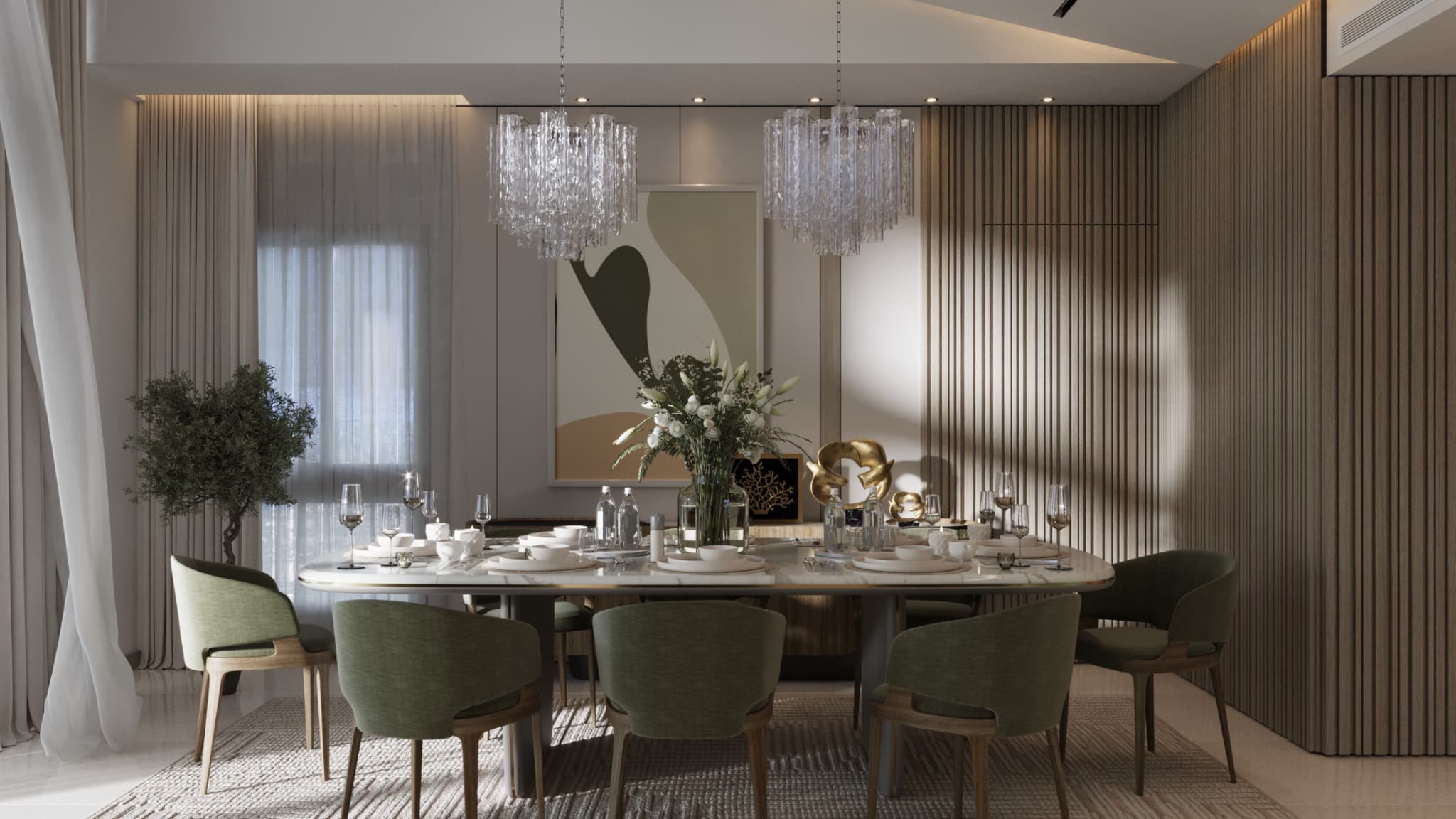 Front-facing dining view aligning the pendants with the table and muted green chairs
