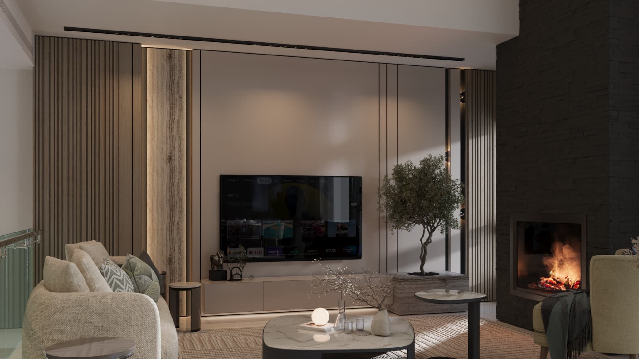 Media wall with a low horizontal unit, slim vertical accents and a nearby fireplace
