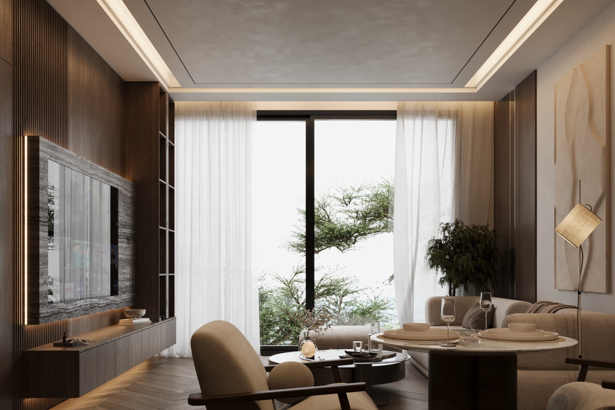 Oblique view linking the seating group, media wall and full-height glazing