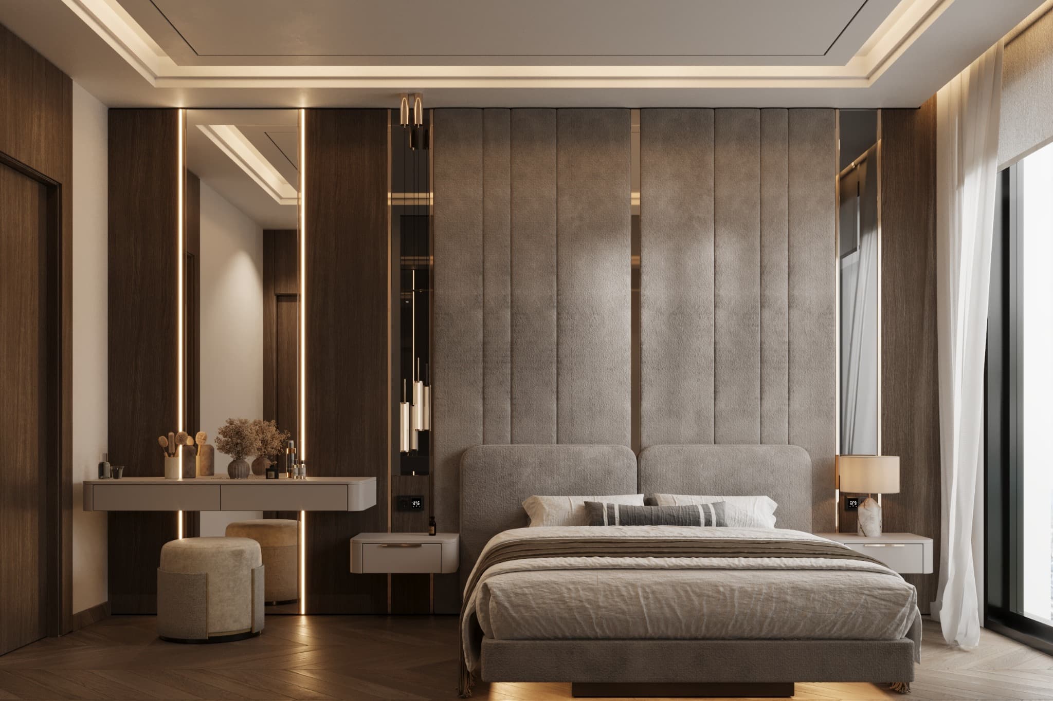 Bedroom with a tall padded headboard framed by vertical timber strips