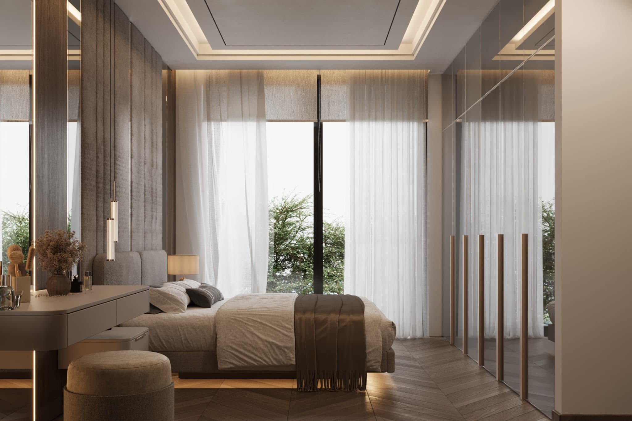 Window-side view of the dressing surface, bed and wardrobe behind sheer curtains